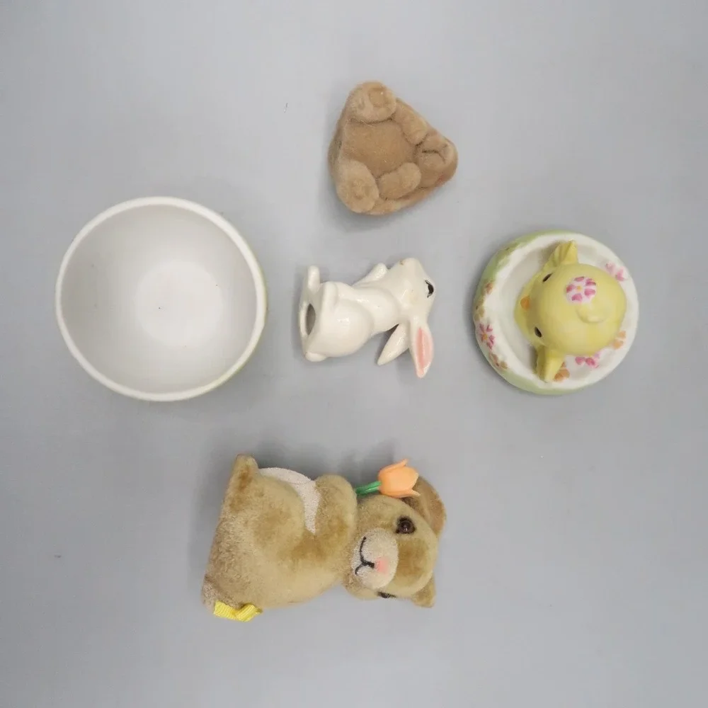 Vintage Bunny Rabbit Lot Trinket Box Duck Happy Easter Flocked Figures